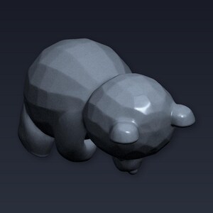 May include: A gray, low-poly 3D model of a bear, viewed from above. The bear is in a crawling position, with its head and body angled downward. The model has a faceted surface, giving it a geometric appearance.