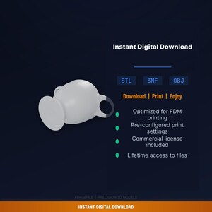 May include: A white 3D model of a vase with a handle and a wide base, set against a dark blue background. The image includes text that reads "Instant Digital Download" and details about the digital file.