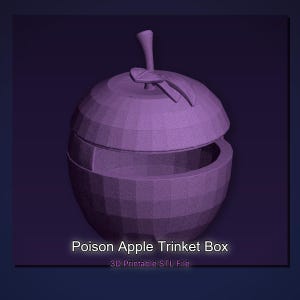 May include: A purple, apple-shaped trinket box with a lid, stem, and leaves. The box is open, revealing the interior. The text "Poison Apple Trinket Box" and "3D Printable STL File" are displayed below the box.