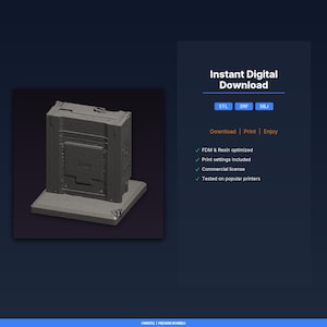 May include: A 3D-printed, gray rectangular object with a detailed, textured surface. The object has a central panel and is mounted on a rectangular base. The image also includes the text "Instant Digital Download" and other related information.
