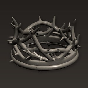 May include: A gray, 3D-rendered crown of thorns. The crown is circular with multiple thorny branches intertwined, each ending in sharp points. The design is detailed and realistic, with a slightly rough texture.