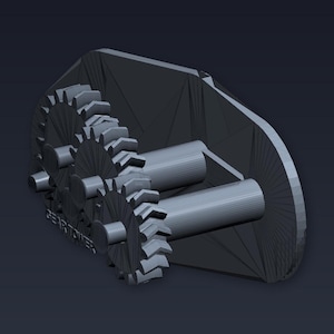 Op de afbeelding: Een 3D-model van een tandradtoren, met drie in elkaar grijpende tandwielen en twee cilindrische assen. De tandwielen zijn grijs en hebben gedetailleerde tanden. De tekst "GEAR TOWER" is zichtbaar op de zijkant. De achtergrond is donkergrijs.
