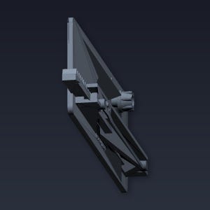 Könnte beinhalten: Ein graues, geometrisches 3D-Modell eines Raumschiffs oder eines ähnlichen Fahrzeugs. Das Modell hat einen dreieckigen Körper mit verschiedenen hervorstehenden Komponenten, darunter ein Triebwerk oder Antriebssystem. Das Design ist eckig und detailliert.