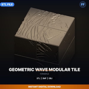May include: A dark gray geometric wave modular tile, composed of four square sections. The surface has a textured wave pattern. The text "GEOMETRIC WAVE MODULAR TILE" is displayed below the tile, along with "STL | 3MF | OBJ".