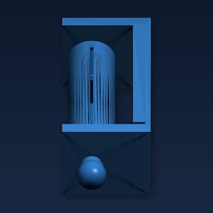 Puede incluir: Diseño geométrico abstracto azul. Presenta un objeto cilíndrico con líneas verticales, una esfera y un marco rectangular. Los objetos están representados en un azul monocromático sobre un fondo azul oscuro.