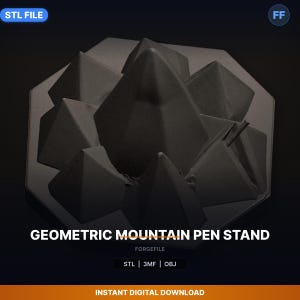 May include: A black geometric mountain pen stand. The pen stand has a polygonal base with several mountain-shaped peaks. The text "GEOMETRIC MOUNTAIN PEN STAND" is displayed in white. The words "STL | 3MF | OBJ" are also visible.