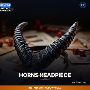 Copricapo con corna di demone curve, stile corno di ariete, file STL / supporto / download di stampa 3D