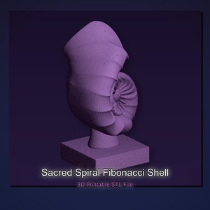 May include: A 3D-printed, purple Sacred Spiral Fibonacci Shell sculpture. The shell is mounted on a square base. The text "Sacred Spiral Fibonacci Shell" and "3D Printable STL File" are displayed below the sculpture.