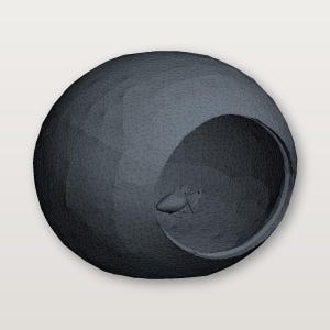 May include: A dark grey, spherical object with a textured surface and a curved opening. Inside the opening is a small, abstract shape. The object appears to be a 3D model or rendering.