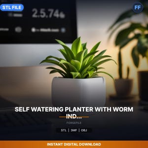 Może przedstawiać: Biała, samonawadniająca donica z żywymi zielonymi liśćmi. Widoczny jest tekst "SELF WATERING PLANTER WITH WORM IND...". Obraz zawiera również tekst "STL FILE" i "INSTANT DIGITAL DOWNLOAD".