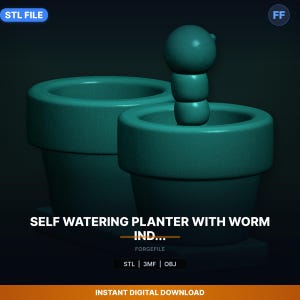 May include: A teal self-watering planter with a worm-like design. The planter has a round opening and a cylindrical body. The image includes the text "SELF WATERING PLANTER WITH WORM IND..." and "INSTANT DIGITAL DOWNLOAD".