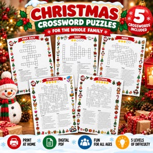 Può includere: Una raccolta di cinque fogli di cruciverba natalizi con vari livelli di difficoltà etichettati come Very Easy, Easy, Hard, Very Hard ed Extreme. Ogni pagina presenta un bordo festivo con icone natalizie e indizi stampati per i giochi.