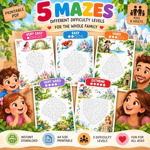 Può includere: Un set di 5 labirinti in PDF stampabile con diversi livelli di difficoltà, tra cui Molto Facile, Facile, Difficile, Molto Difficile ed Estremo. Ogni pagina presenta illustrazioni colorate di personaggi come una principessa, una sirena, un pirata, un dinosauro e un cavaliere.