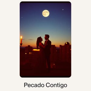 May include: A romantic image of a couple silhouetted against a sunset sky with a full moon. The couple is embracing on a rooftop, with city buildings in the background. A lit candle is in the foreground. The text "Pecado Contigo" is at the bottom.