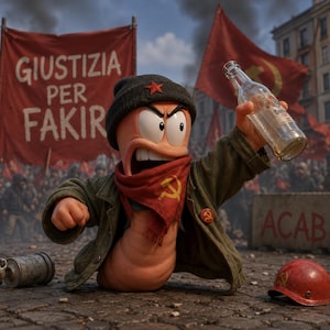 Może przedstawiać: Postać robaka z kreskówki w ciemnej czapce z czerwoną gwiazdą, zielonej kurtce i czerwonej chustce z symbolem sierpa i młota. Robak trzyma w górze przezroczystą szklaną butelkę, w tle czerwone transparenty z napisem GIUSTIZIA PER FAKIR.