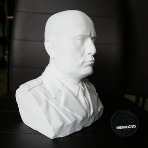 May include: A white matte bust sculpture depicting a bald individual in a military-style uniform with a collared shirt, tie, and star insignias on the shoulders. A small circular black patch with the white text MERANO3D is positioned nearby.