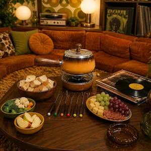 Vintage fondueset uit de jaren 70, oranje geëmailleerd, met brander, 6 fonduevorken en houten handvatten.