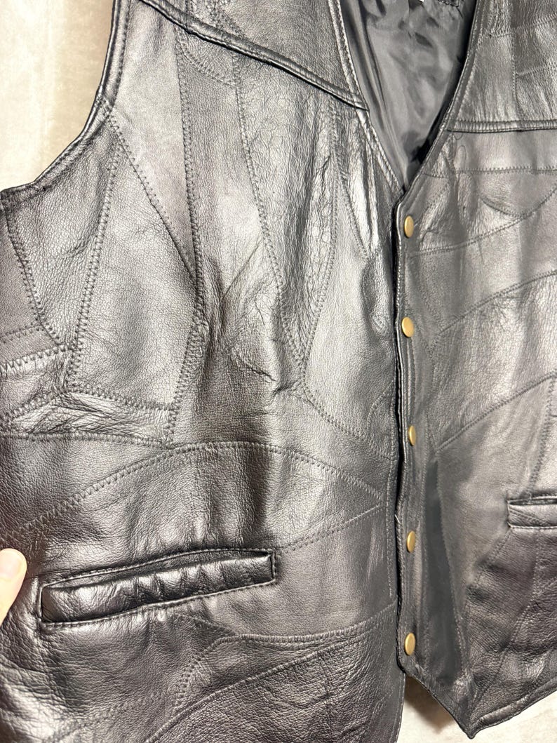 Vintage Black Patchwork Leather Vest XXXL Men's Snap Front image 6
