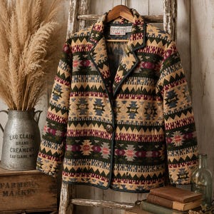 Vintage 1990s Carolina Colours Plus 2X Southwestern Tapestry Jacket Aztec Woven Coat
