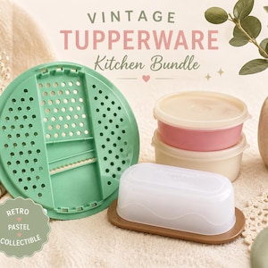 May include: A selection of vintage Tupperware kitchenware in pastel shades. The image shows a mint green grater, two pink and cream-coloured containers, and a white butter dish with a brown base. The text reads "Vintage Tupperware Kitchen Bundle" in the image.