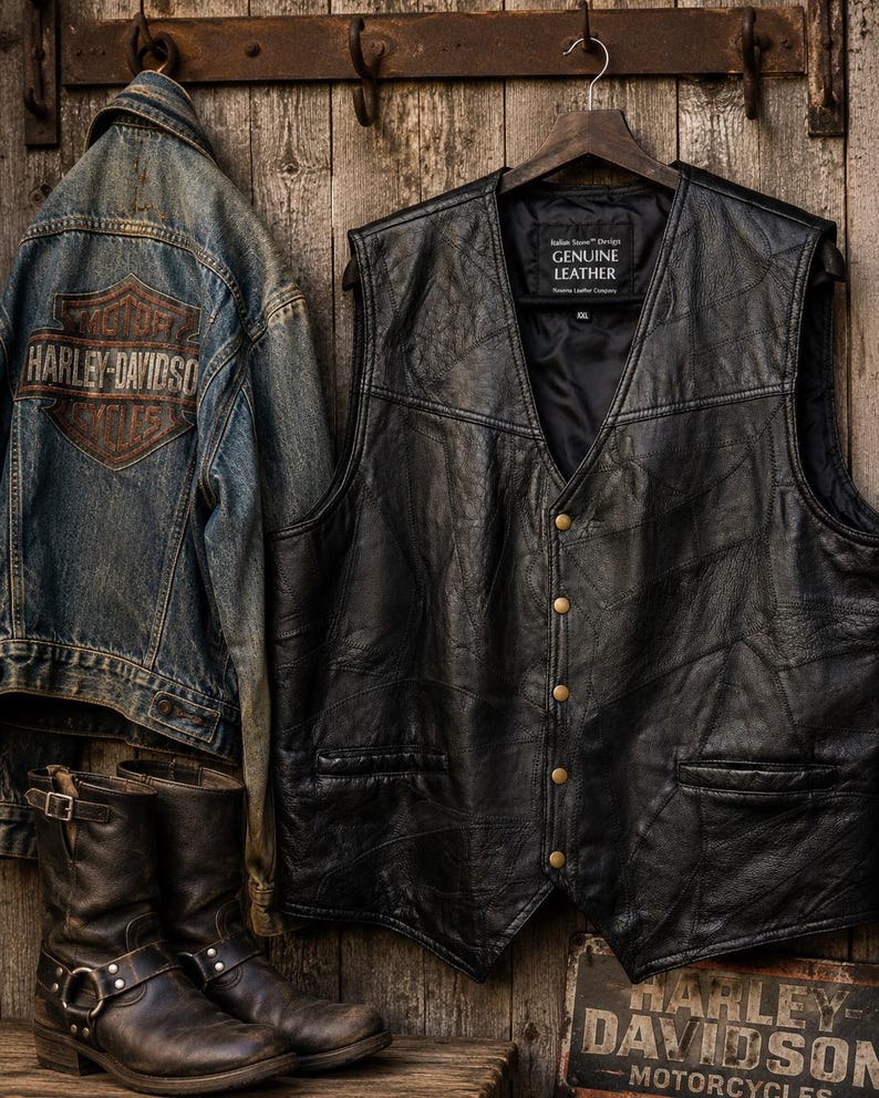May include: A black leather waistcoat with a patchwork design, featuring a V-neckline, five brass-coloured buttons, and two front pockets. The interior label reads Genuine Leather. Beside it hangs a blue denim jacket with a Harley-Davidson logo patch.