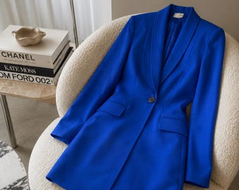 Vintage 80s Electric Blue Longline Blazer Coat Made in USA
