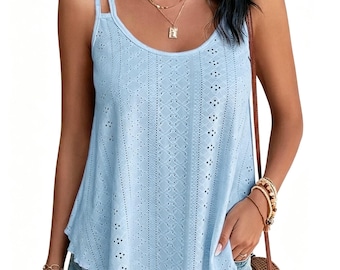 Dames zomer tanktop met geborduurd oogje, mouwloos hemdje met dubbele band, casual soepelvallende zomerblouse, damestop met uitsnijding, cadeau voor haar