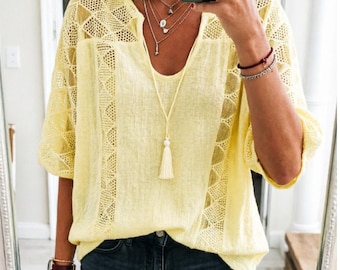 Women’s Summer Cut-out Shirt – Hollow Lace 3/4 Sleeve Blouse for Casual, Office & Outdoor Wear