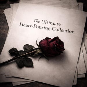 Op de afbeelding: Een stapel verouderd papier met de tekst "The Ultimate Heart-Pouring Collection" gedrukt op het bovenste vel. Een donkerrode roos met een stengel en bladeren rust op het papier, wat een vintage esthetiek creëert.