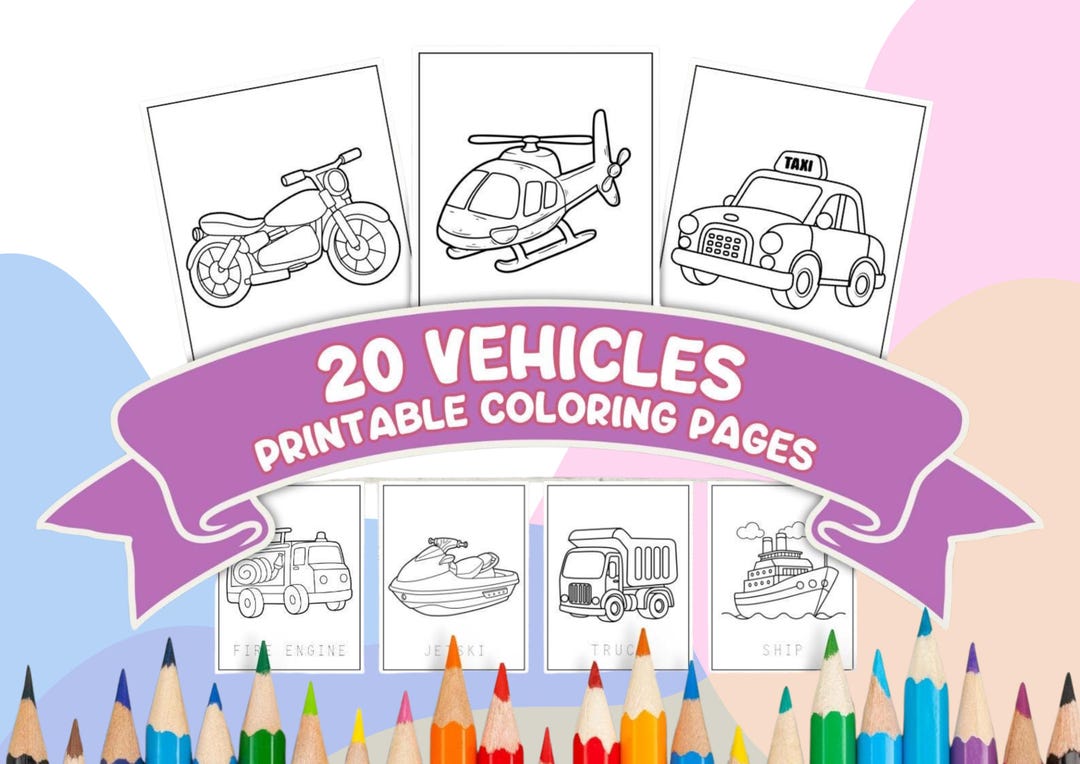 20 Vehicle Coloring Pages: Kids Printable Coloring Book (digital ...