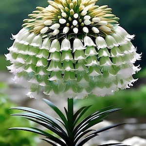 May include: A striking flower with a layered, bell-shaped bloom in white and green hues. The flower is supported by a tall, green stem with long, dark green leaves. The background is a soft, blurred green.