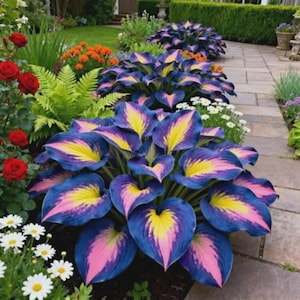 Puede incluir: Un jardín con plantas de hosta con hojas grandes en forma de corazón en tonos azules, rosas y amarillos. Rosas rojas, flores naranjas y margaritas blancas también son visibles. Un sendero de piedra atraviesa los coloridos parterres.