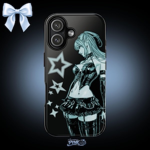 May include: Black phone case featuring a manga-style illustration of a woman in a gothic outfit. The design includes stars and the text "PYNK cases". The case has a glossy finish and is designed for a smartphone.