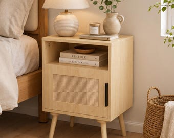 Rattan Nightstand Drawer Bedside Table Boho Furniture Cane Nightstand Wood Side Table Bedroom Storage Solution Modern Design Scandinavian