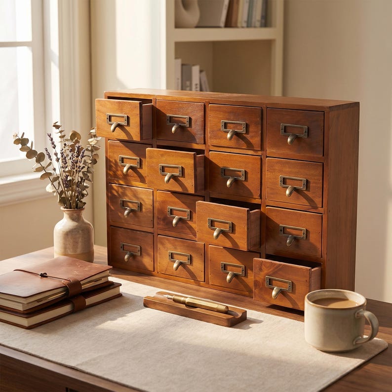Solid Wood Apothecary Organizer Cabinet Vintage Style 16 Drawer Jewelry Storage Box Kitchen Countertop Display Perfect Small Item Sorting System Craft Supply Organization Solution Tea Herb Collection Holder Rustic Farmhouse Furniture Piece