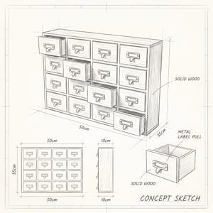 May include: A concept sketch of a wooden cabinet with sixteen drawers, each with a metal label pull. The cabinet is 50cm wide, 35cm high, and 10cm deep. The words "SOLID WOOD" and "METAL LABEL PULL" are also visible.