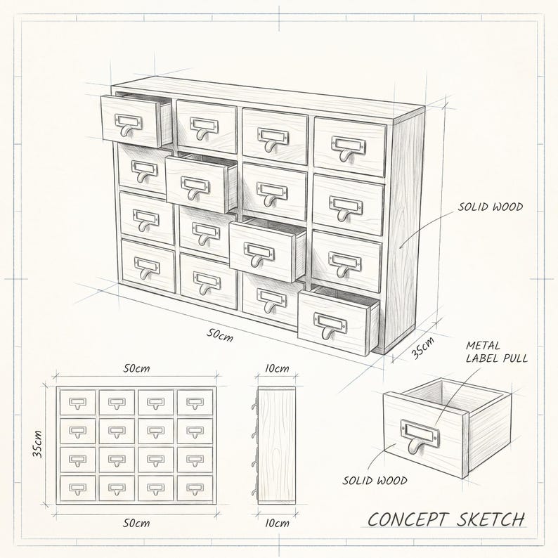 May include: A concept sketch of a wooden cabinet with sixteen drawers, each with a metal label pull. The cabinet is 50cm wide, 35cm high, and 10cm deep. The words "SOLID WOOD" and "METAL LABEL PULL" are also visible.