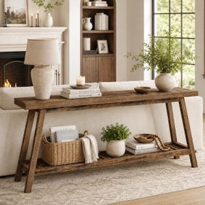 May include: A rustic, wooden console table with a lower shelf, holding a woven basket, books, and a small potted plant. The table is adorned with decorative items, including a lamp, vase, and wooden bowl. The table is set against a neutral-toned background.