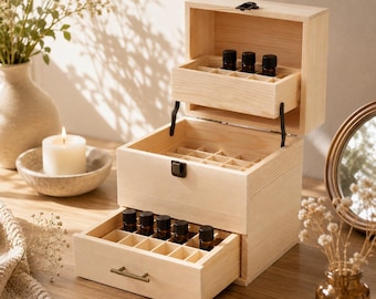 Essential Oil Storage Box Organizer Wooden Case Bottle Holder Rack Display Aromatherapy Pine Wood Rustic Design Men Gift Wellness Enthusiast