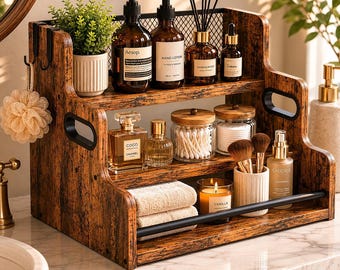 Bar Organizer Stand Countertop Storage Solution Tiered Wooden Holder Whiskey Display Rack Three Level Platform Liquor Bottle Shelf Rustic
