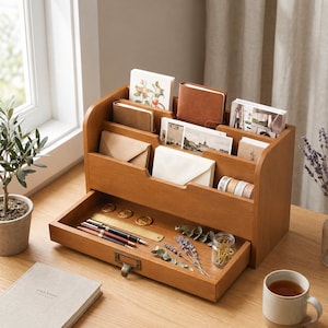 Skrivbordsorganisatör i trä, japansk stil, minimalistiskt kontor, A4-dokumenthållare, postförvaringslåda, träpärm, skrivbordsarbetsyta, Caddy i furu