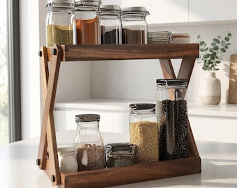 Coffee Station Organizer Countertop Rack Kitchen Counter Shelf Storage Wooden Caddy Tea Station Spice Organizer Bathroom Vanity Tray Holder