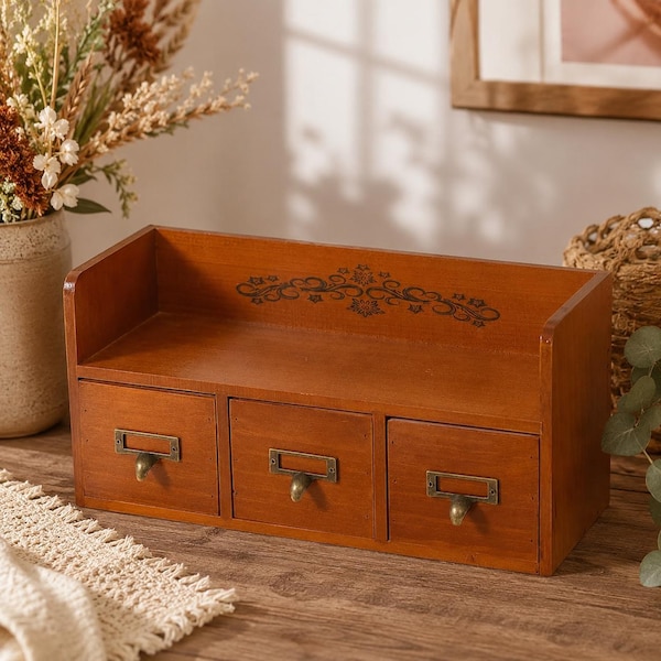 Wooden Desktop Organizer Cabinet Storage Drawer Box Pine Wood Desk Holder Vanity Tray Cosmetic Jewelry Counter Unit Office Supply Craft