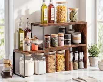 Stackable Kitchen Organizer Rustic Wood Spice Rack Countertop Storage Shelf Farmhouse Pantry Organizer Coffee Station Countertop Shelf