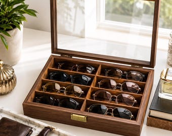 Sunglasses Organizer Box Wood Glasses Case Eyewear Display Stand Storage Mens Valet Tray Walnut Desk Accessory Holder Father Birthday Gift
