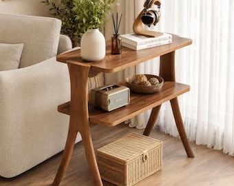 Walnut Side Table Narrow End Console Storage Shelf Modern Nightstand Wood Bedside Table Slim Sofa Stand Small Space Furniture Apartment