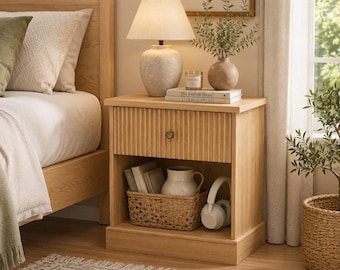 Mid Century Nightstand Bedside Table Modern End Table Storage Drawer Unit Small Accent Furniture Bedroom Side Stand Fluted Design