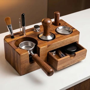 Op de afbeelding: Een houten espressostation met diverse compartimenten en gereedschappen. Het heeft een portafilterhouder, tamper, borstel en een kleine lade. Het hout heeft een warme, bruine tint en de metalen componenten zijn zilver.
