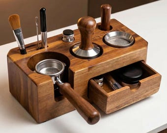 Coffee Tamper Station Espresso Organizer Barista Tools Storage Drawer Walnut Wood Bar Accessories Holder 51mm 54mm 58mm Home Brewing Setup