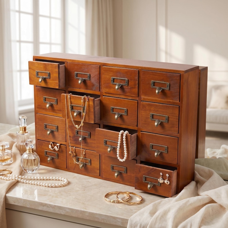 Vintage Wooden Apothecary Cabinet With 16 Drawers Perfect Kitchen Spice Organizer Solid Wood Construction Rustic Farmhouse Style Storage Solution Countertop Herb Organizer Tea Collection Display Small Compartment Sorting System Classic Card